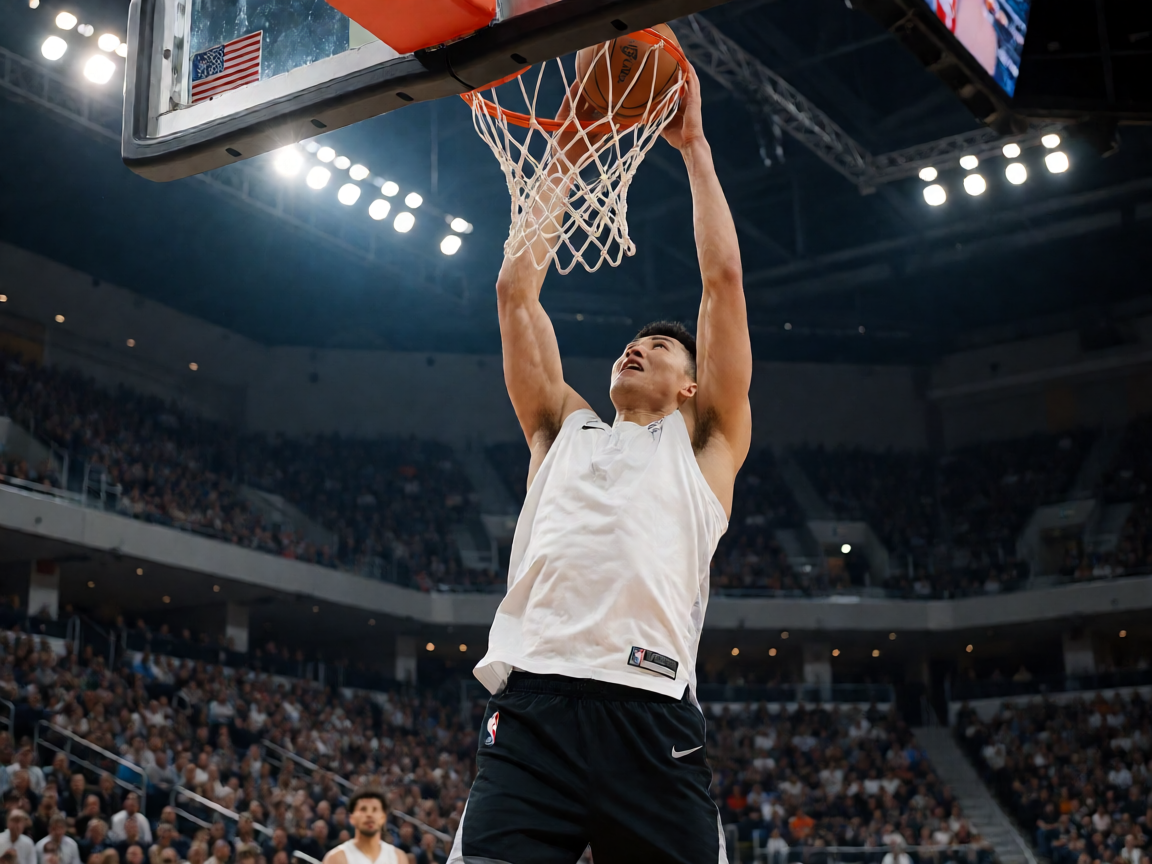NBA比赛现场：球员扣篮瞬间，灯光璀璨